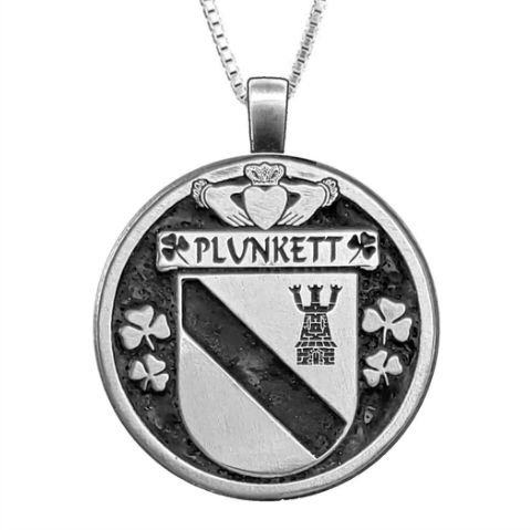 Image 1 of Plunkett Irish Coat Of Arms Claddagh Round Silver Family Crest Pendant