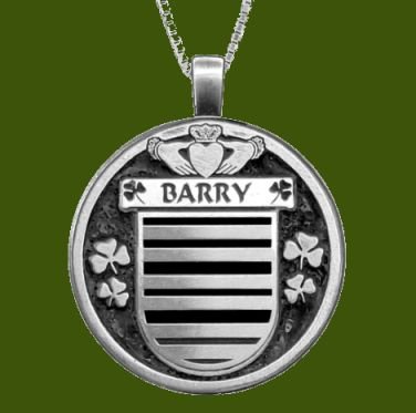 Image 0 of Barry Irish Coat Of Arms Claddagh Round Pewter Family Crest Pendant