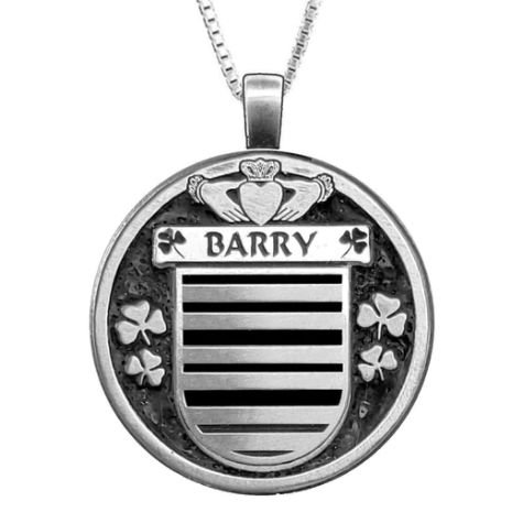 Image 1 of Barry Irish Coat Of Arms Claddagh Round Pewter Family Crest Pendant