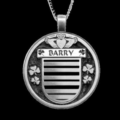Image 0 of Barry Irish Coat Of Arms Claddagh Round Silver Family Crest Pendant
