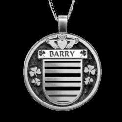 Barry Irish Coat Of Arms Claddagh Round Silver Family Crest Pendant