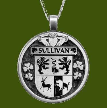Image 0 of Sullivan Irish Coat Of Arms Claddagh Round Pewter Family Crest Pendant