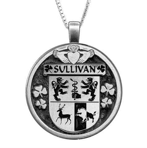 Image 1 of Sullivan Irish Coat Of Arms Claddagh Round Pewter Family Crest Pendant