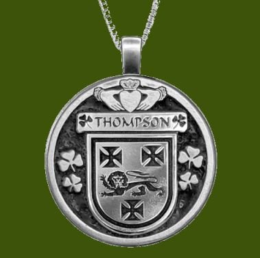Image 0 of Thompson Irish Coat Of Arms Claddagh Round Pewter Family Crest Pendant
