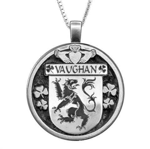 Image 1 of Vaughan Irish Coat Of Arms Claddagh Round Pewter Family Crest Pendant