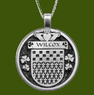 Image 0 of Wilcox Irish Coat Of Arms Claddagh Round Pewter Family Crest Pendant