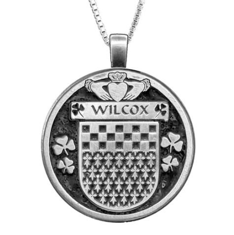 Image 1 of Wilcox Irish Coat Of Arms Claddagh Round Pewter Family Crest Pendant