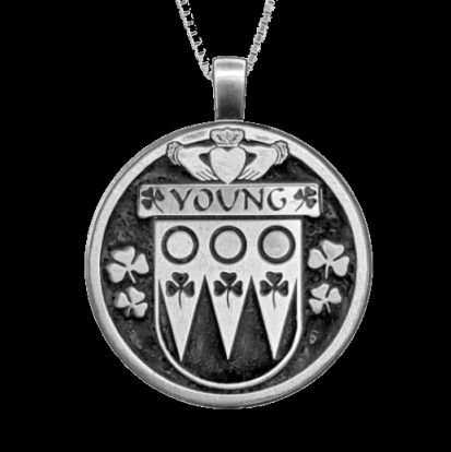 Image 0 of Young Irish Coat Of Arms Claddagh Round Silver Family Crest Pendant