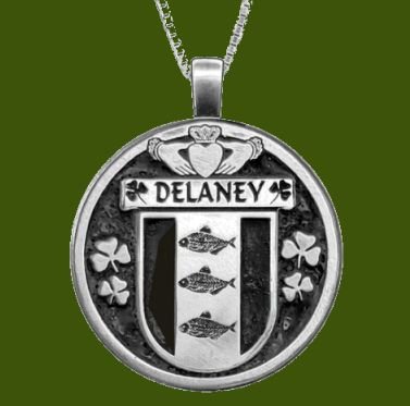 Image 0 of Delaney Irish Coat Of Arms Claddagh Round Pewter Family Crest Pendant