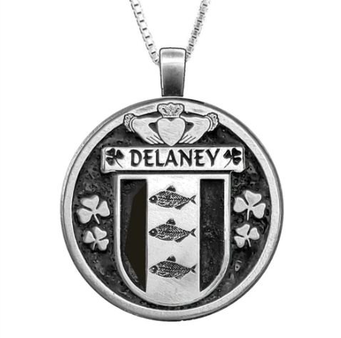 Image 1 of Delaney Irish Coat Of Arms Claddagh Round Pewter Family Crest Pendant