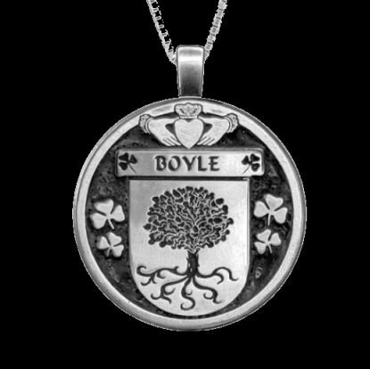 Image 0 of Boyle Irish Coat Of Arms Claddagh Round Silver Family Crest Pendant
