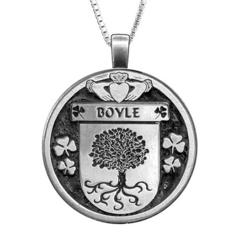 Image 1 of Boyle Irish Coat Of Arms Claddagh Round Silver Family Crest Pendant