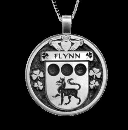 Image 0 of Flynn Irish Coat Of Arms Claddagh Round Silver Family Crest Pendant