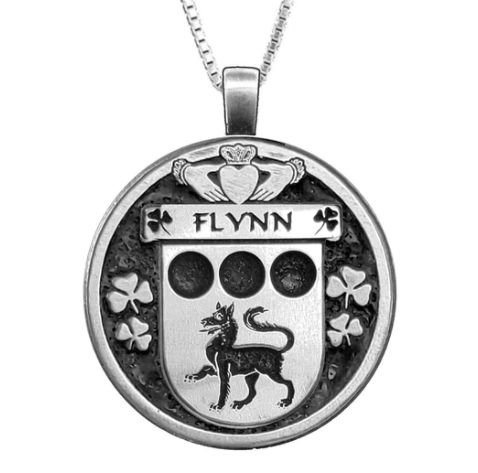 Image 1 of Flynn Irish Coat Of Arms Claddagh Round Silver Family Crest Pendant