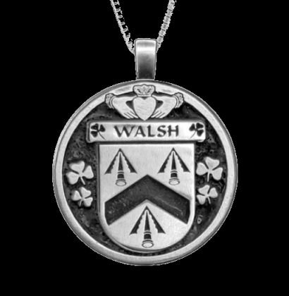 Image 0 of Walsh Irish Coat Of Arms Claddagh Round Silver Family Crest Pendant