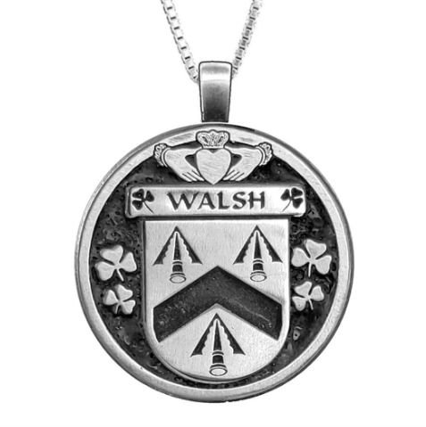 Image 1 of Walsh Irish Coat Of Arms Claddagh Round Silver Family Crest Pendant