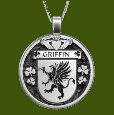 Image 0 of Griffin Irish Coat Of Arms Claddagh Round Pewter Family Crest Pendant