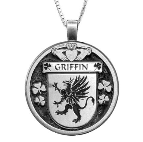 Image 1 of Griffin Irish Coat Of Arms Claddagh Round Pewter Family Crest Pendant