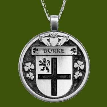 Image 0 of Burke Irish Coat Of Arms Claddagh Round Pewter Family Crest Pendant