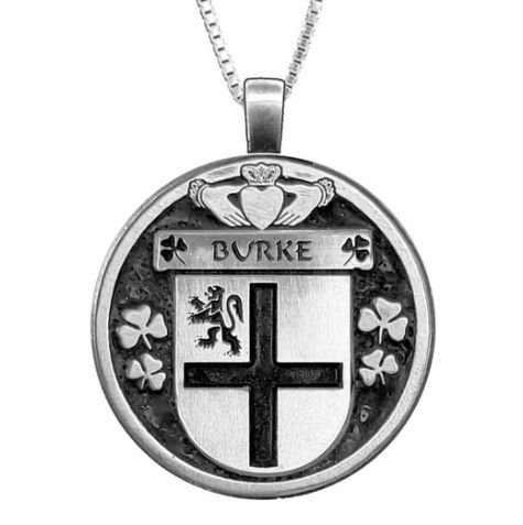 Image 1 of Burke Irish Coat Of Arms Claddagh Round Pewter Family Crest Pendant