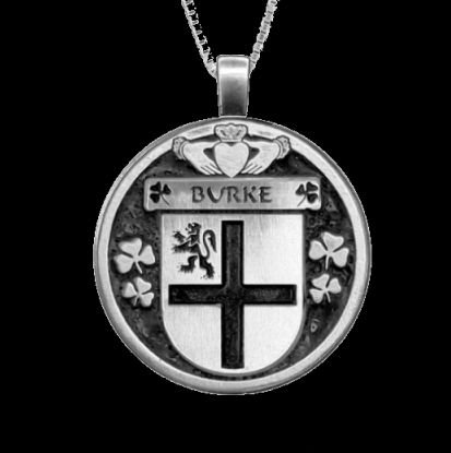 Image 0 of Burke Irish Coat Of Arms Claddagh Round Silver Family Crest Pendant