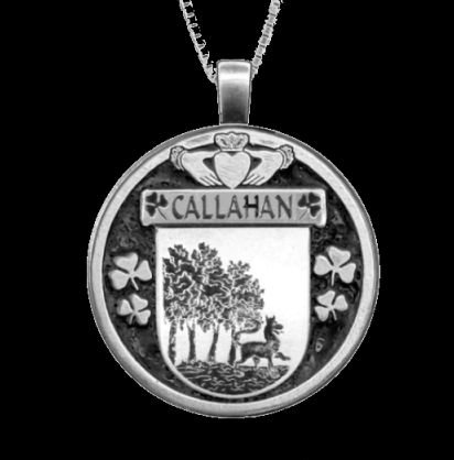 Image 0 of Callahan Irish Coat Of Arms Claddagh Round Silver Family Crest Pendant