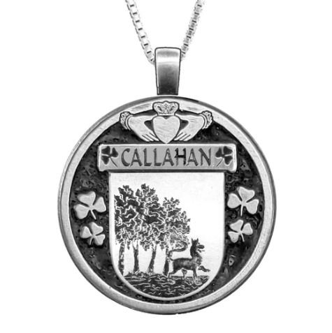 Image 1 of Callahan Irish Coat Of Arms Claddagh Round Silver Family Crest Pendant