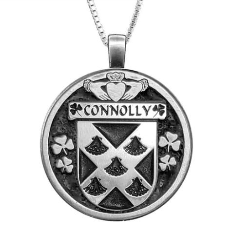 Image 1 of Connolly Irish Coat Of Arms Claddagh Round Pewter Family Crest Pendant
