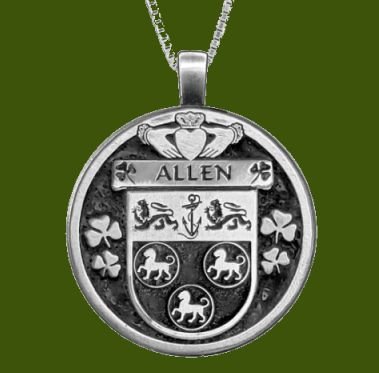 Image 0 of Allen Irish Coat Of Arms Claddagh Round Pewter Family Crest Pendant
