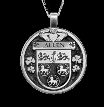 Image 0 of Allen Irish Coat Of Arms Claddagh Round Silver Family Crest Pendant