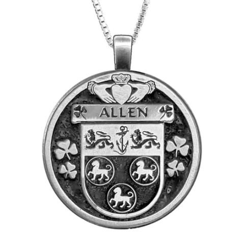 Image 1 of Allen Irish Coat Of Arms Claddagh Round Silver Family Crest Pendant