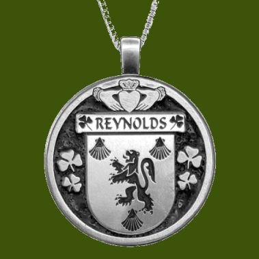 Image 0 of Reynolds Irish Coat Of Arms Claddagh Round Pewter Family Crest Pendant