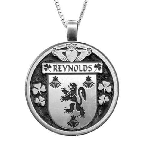 Image 1 of Reynolds Irish Coat Of Arms Claddagh Round Silver Family Crest Pendant