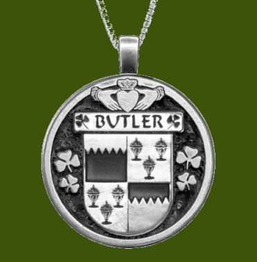 Image 0 of Butler Irish Coat Of Arms Claddagh Round Pewter Family Crest Pendant
