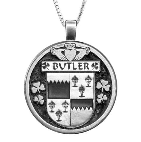 Image 1 of Butler Irish Coat Of Arms Claddagh Round Pewter Family Crest Pendant