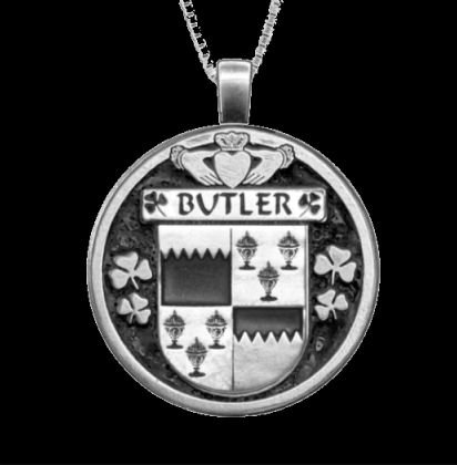 Image 0 of Butler Irish Coat Of Arms Claddagh Round Silver Family Crest Pendant