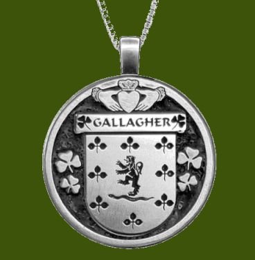 Image 0 of Gallagher Irish Coat Of Arms Claddagh Round Pewter Family Crest Pendant
