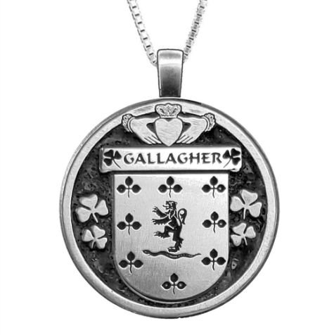 Image 1 of Gallagher Irish Coat Of Arms Claddagh Round Pewter Family Crest Pendant