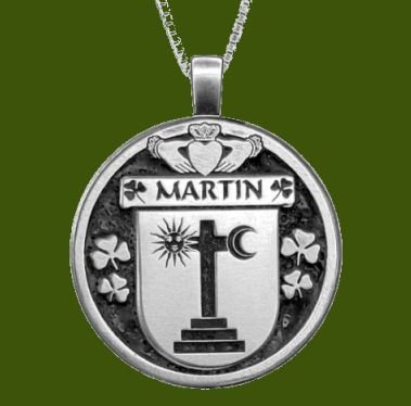 Image 0 of Martin Irish Coat Of Arms Claddagh Round Pewter Family Crest Pendant