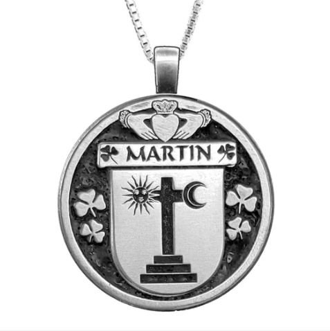 Image 1 of Martin Irish Coat Of Arms Claddagh Round Pewter Family Crest Pendant