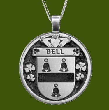 Image 0 of Bell Irish Coat Of Arms Claddagh Round Pewter Family Crest Pendant