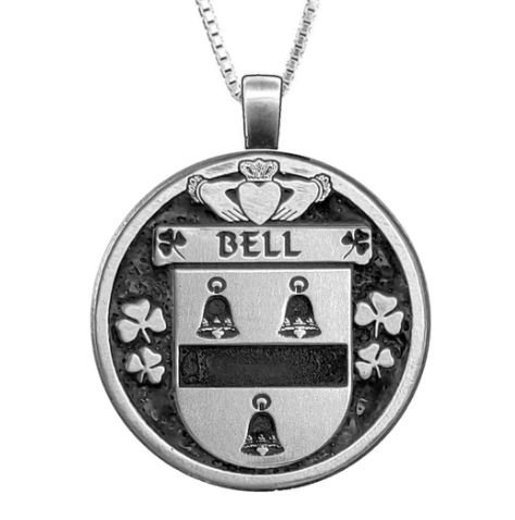 Image 1 of Bell Irish Coat Of Arms Claddagh Round Pewter Family Crest Pendant