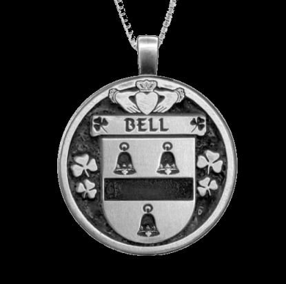 Image 0 of Bell Irish Coat Of Arms Claddagh Round Silver Family Crest Pendant