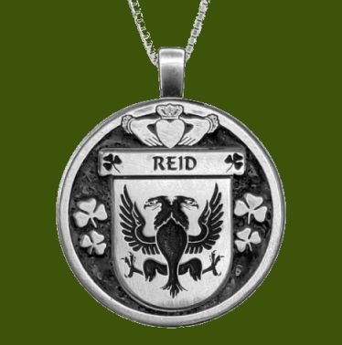Image 0 of Reid Irish Coat Of Arms Claddagh Round Pewter Family Crest Pendant
