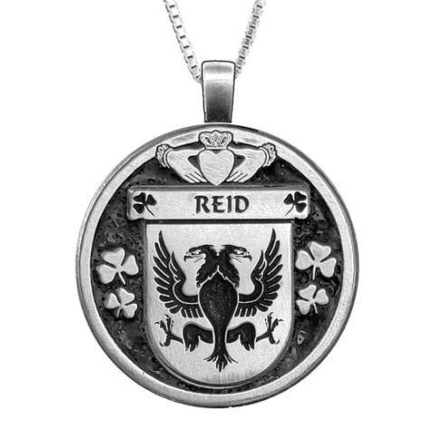 Image 1 of Reid Irish Coat Of Arms Claddagh Round Pewter Family Crest Pendant