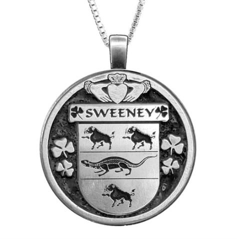 Image 1 of Sweeney Irish Coat Of Arms Claddagh Round Pewter Family Crest Pendant