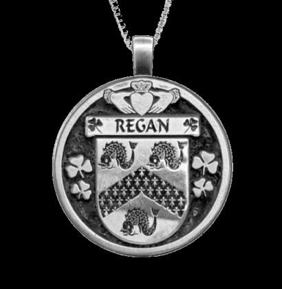 Image 0 of Regan Irish Coat Of Arms Claddagh Round Silver Family Crest Pendant