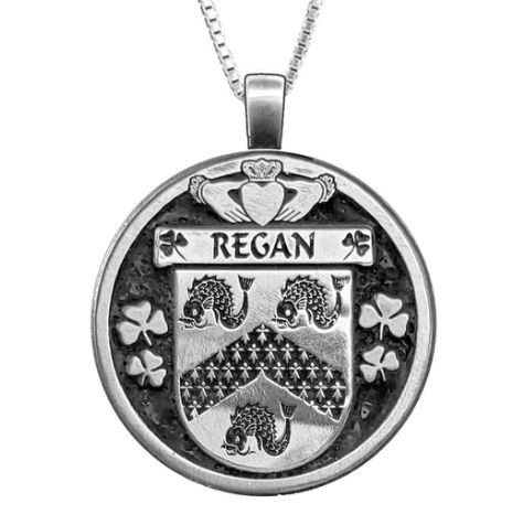 Image 1 of Regan Irish Coat Of Arms Claddagh Round Silver Family Crest Pendant