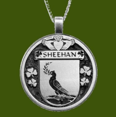 Image 0 of Sheehan Irish Coat Of Arms Claddagh Round Pewter Family Crest Pendant