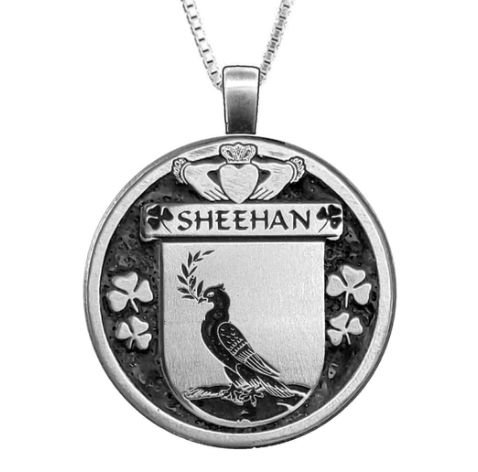 Image 1 of Sheehan Irish Coat Of Arms Claddagh Round Pewter Family Crest Pendant